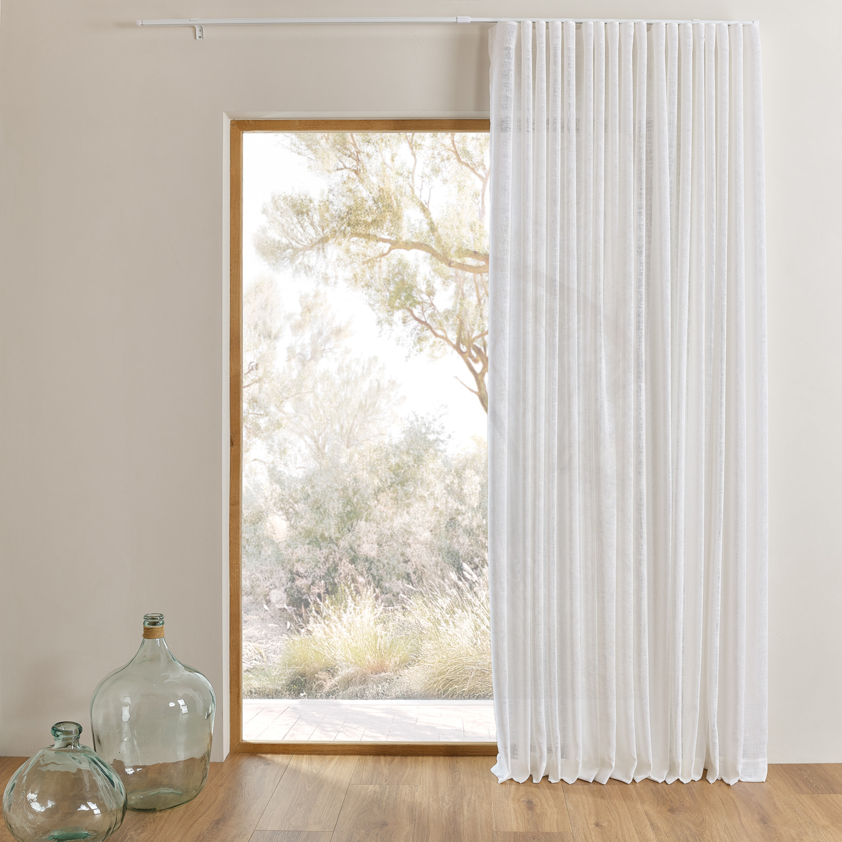 Kit rail extensible + Voilage poly-lin wave - Blanc