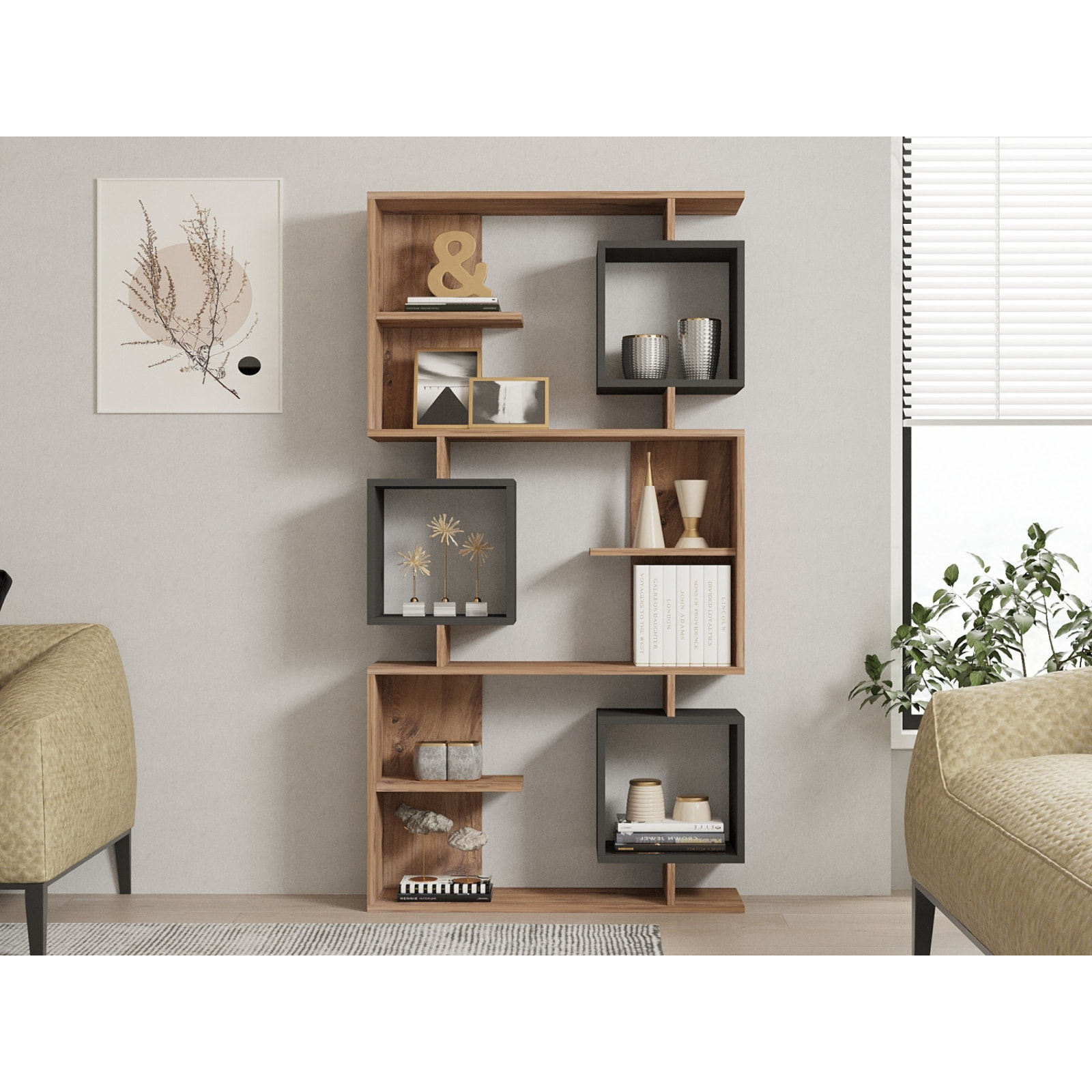 Bibliothèque design asymétrique 172cm effet bois et gris anthracite SOHO