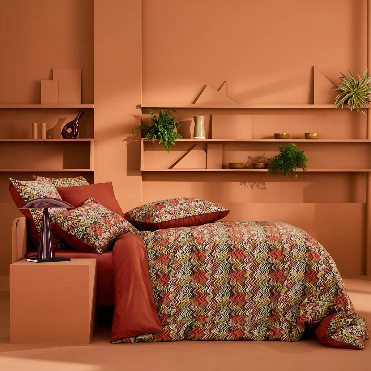 Lot h.couette +taies percale de coton 115 g/m² imprimé orange brun Wavy pop