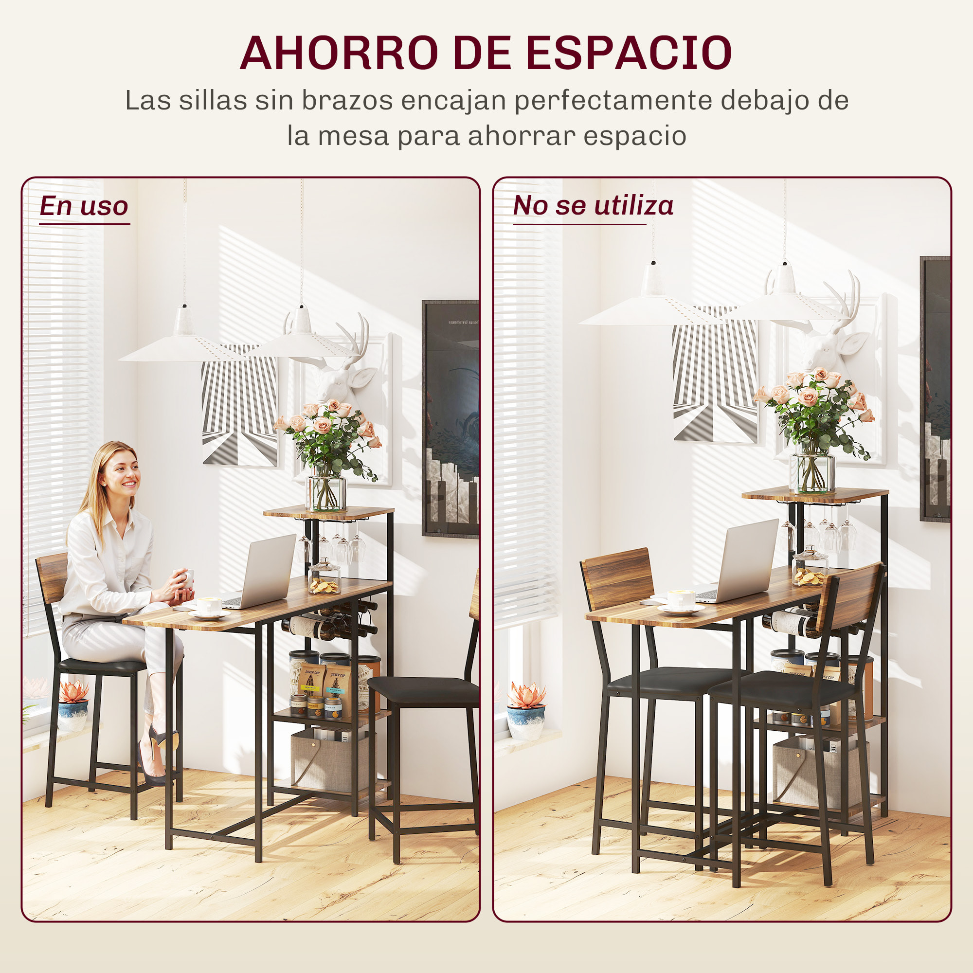 Juego de Mesa y Taburetes de Bar Mesa Alta de Cocina con 2 Taburetes Laterales Abatibles Soporte para Vinos y Estantes Estilo Industrial Marrón y Negro