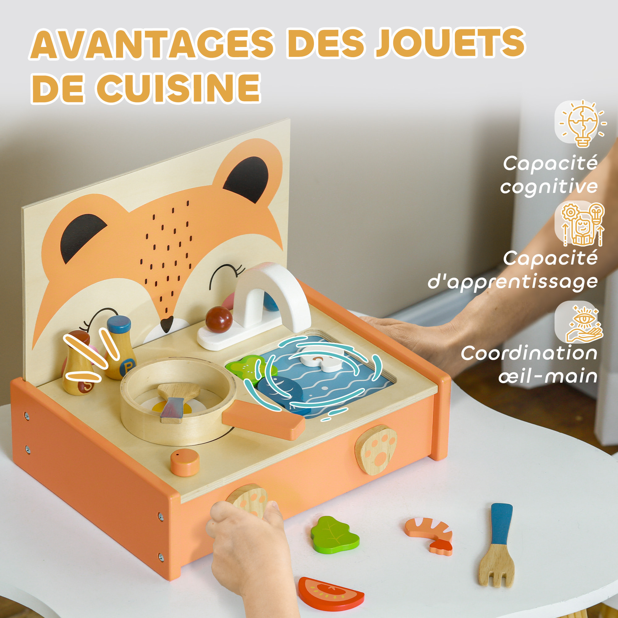 Mini-cuisine en bois cuisine enfant motif renard jouet d'imitation pour enfant avec 12 accessoires poêle spatule condiments fruits légumes - pour 3-5 ans