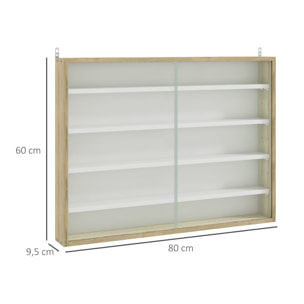 Vitrina Expositora Vitrina de Pared con Estantes Ajustables y 2 Puertas Correderas de Vidrio para Colecciones Perfumes Figuras de Decoración 80x9,5x60 cm Blanco y Natural