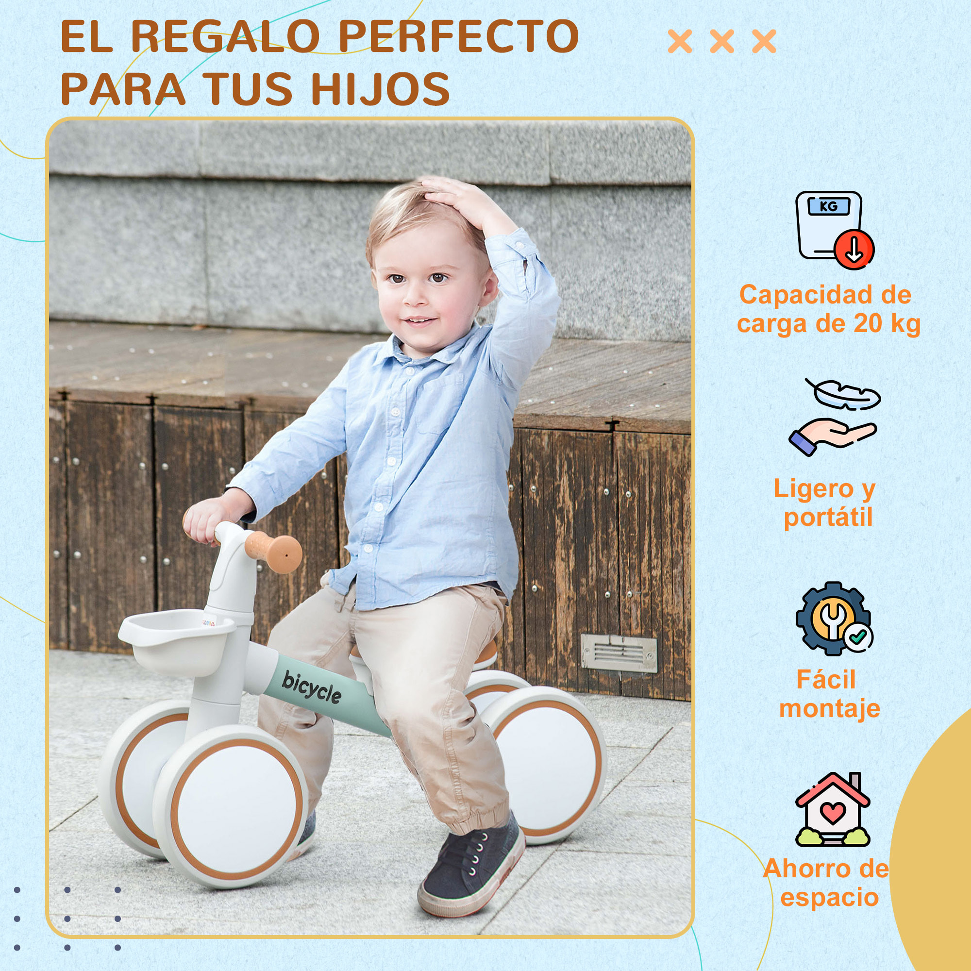 Bicicleta sin Pedales para Niños de 12-36 Meses Bicicleta de Equilibrio con Asiento Ajustable Cesta y 4 Ruedas Silenciosas Carga 20 kg 56x27x39 cm Verde