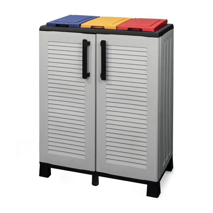 Armadio portarifiuti da esterno o interno, Mobile porta 3 sacchi a 2 ante, 100% Made in Italy, cm 68x37h90, colore Grigio chiaro e coperchi colorati