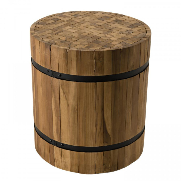 SUZY - Table d'appoint bois ronde 40x40cm Teck recyclé cerclée métal noir