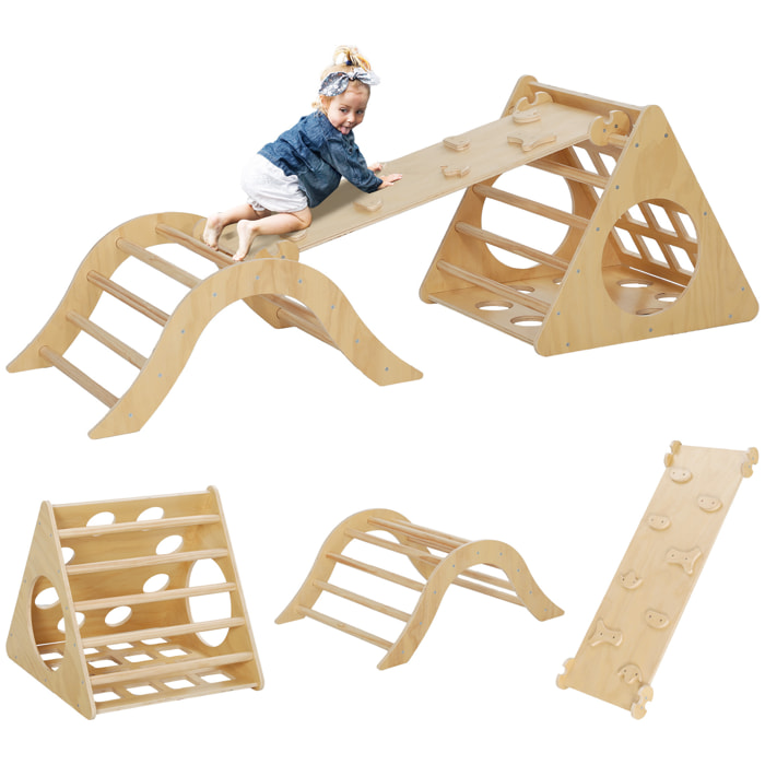 Triángulo de Escalada de Madera 8 en 1 Escalada para Niños de 18-48 Meses con Rampa Escalera de Arco y Bolsa de Arena 175x59,5x60 cm Natural