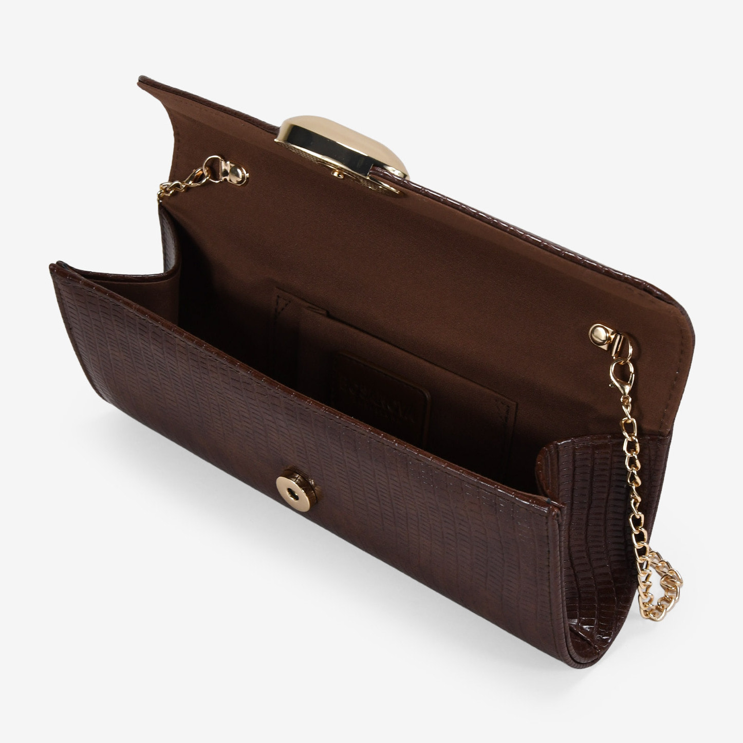 Bolso de fiesta marrón con solapa y aplique