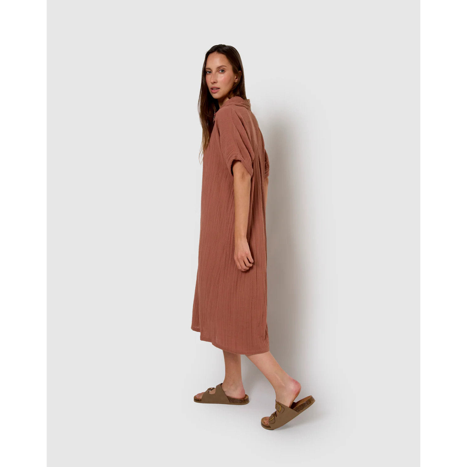 Vestido midi manga fluida muselina rosette