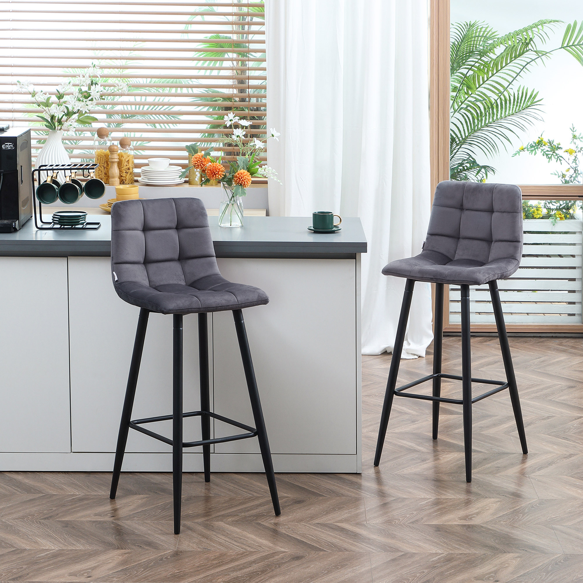 Juego de 2 Taburetes Altos de Cocina, Taburetes de Bar Tapizados en Terciopelo, con Reposapiés y Respaldo, Estructura de Acero, para Comedor, Mostrador, Gris