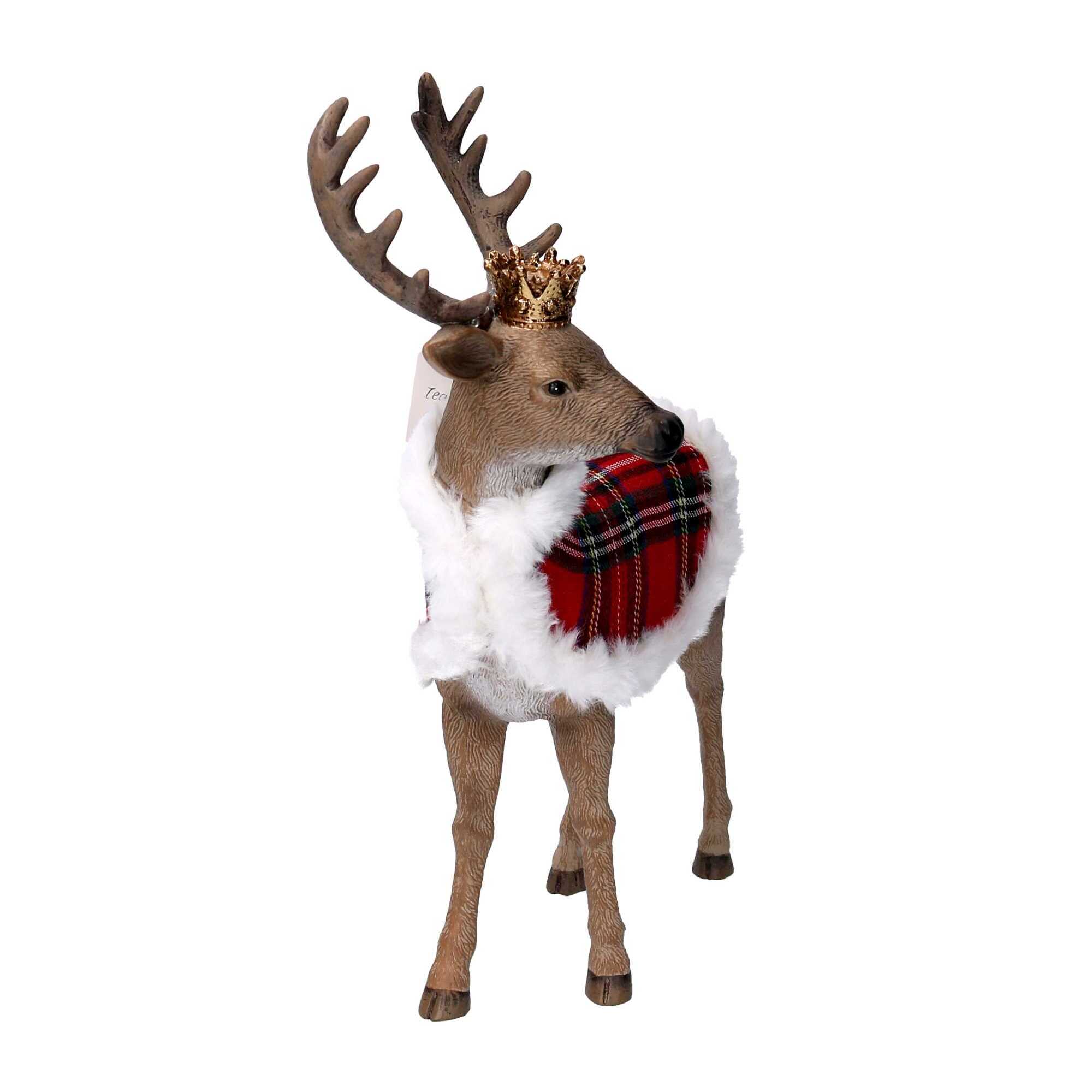 Renna in resina con mantello scozzese e corona naturale cm25,8x12,1h34,8