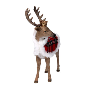 Renna in resina con mantello scozzese e corona naturale cm25,8x12,1h34,8