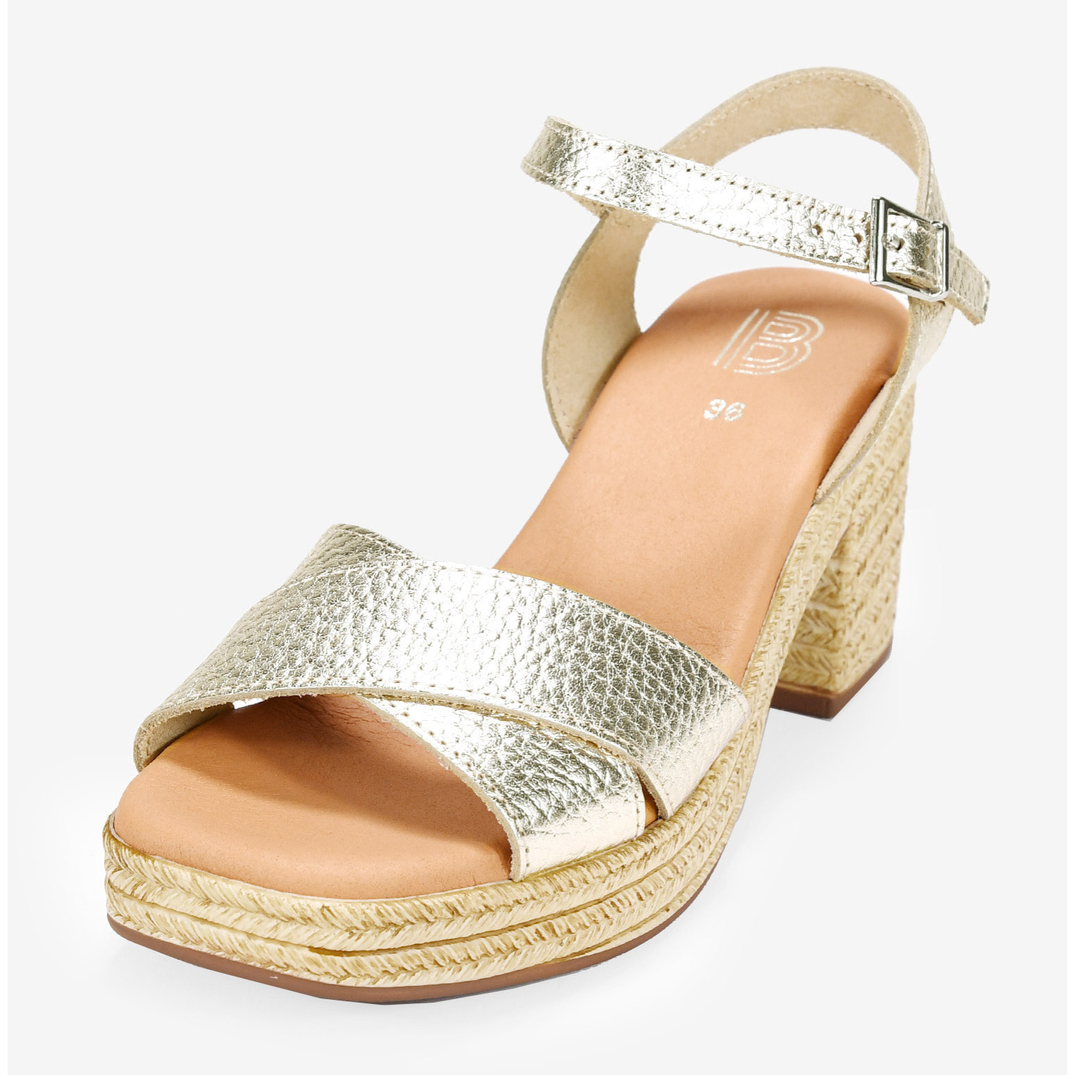 Sandalias de piel doradas con tacón efecto esparto