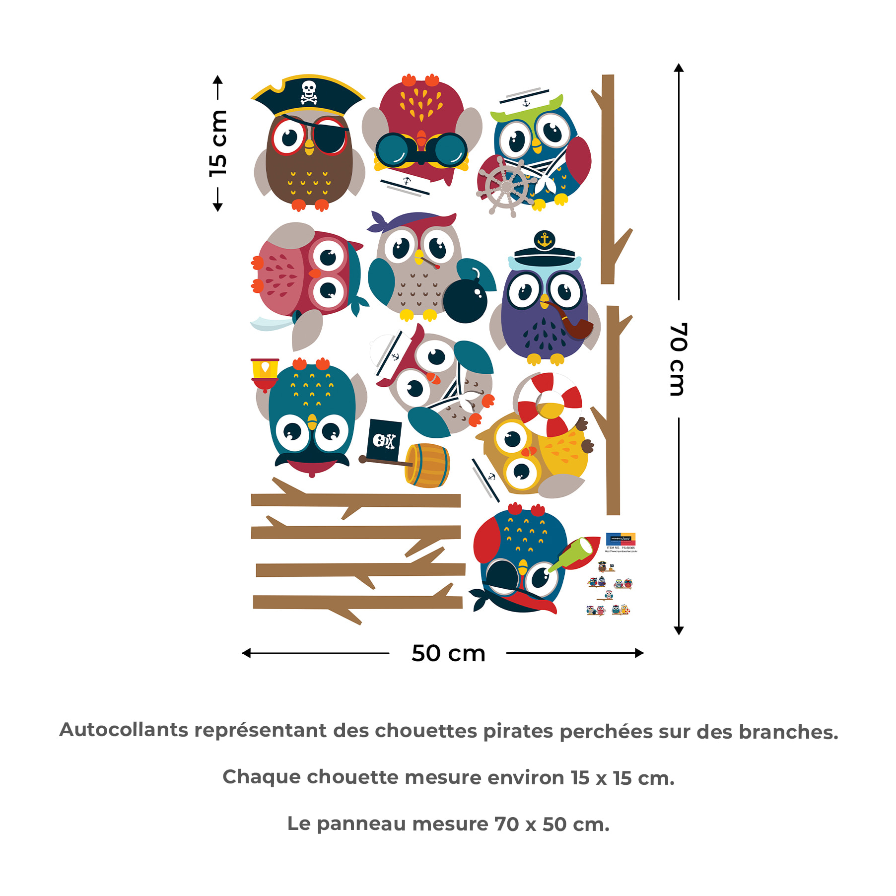 Stickers Muraux décoration adhésifs hiboux pirates sur branches