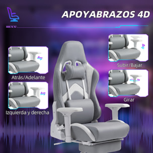 Silla Gaming Silla Gamer Reclinable con Altura Ajustable Reposapiés Retráctil Soporte Lumbar y Reposacabezas Desmontable Silla para Oficina Estudio Gris Claro y Blanco