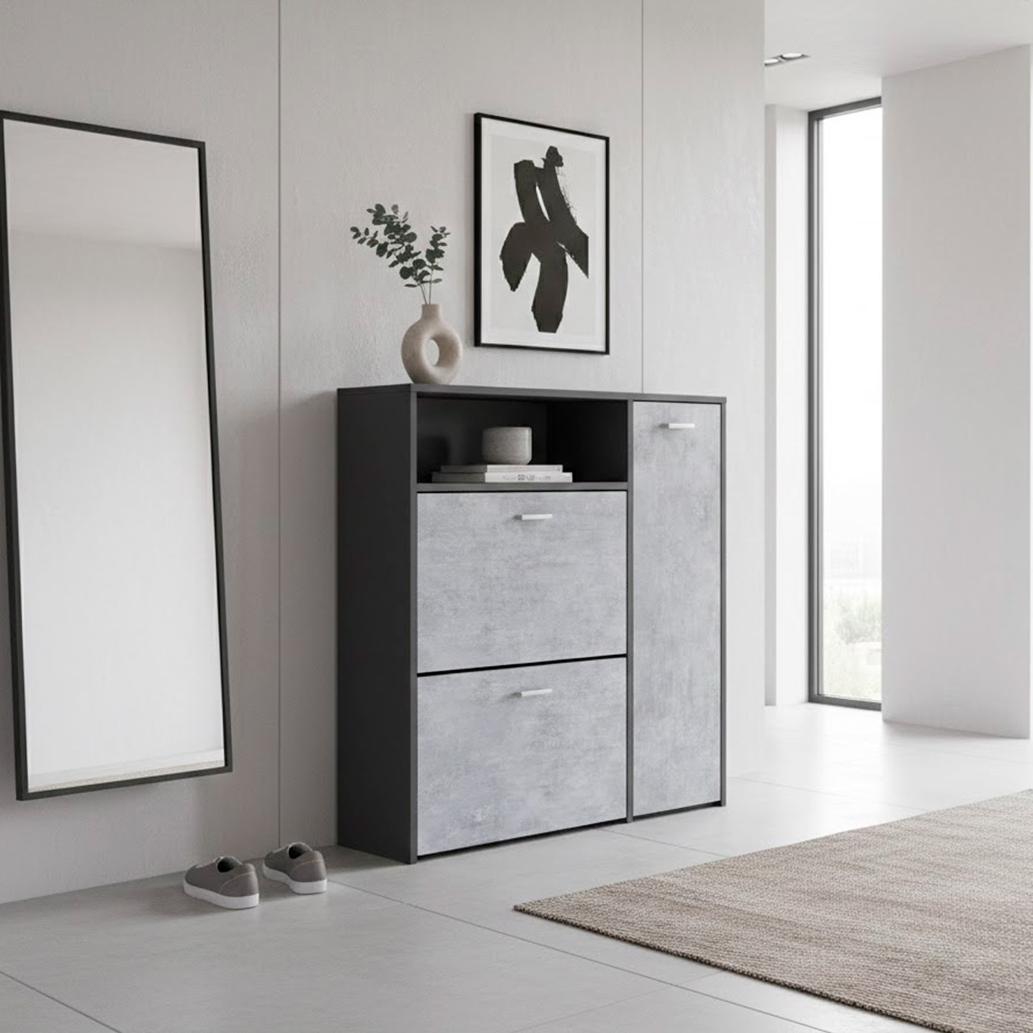 Scarpiera Mobile Portascarpe Salvaspazio Ingresso Con 2 Ribalte Doppia Profondità 4 Vani A Giorno Design Moderno 91.5x94x26.6 Cm Grigio E Cemento