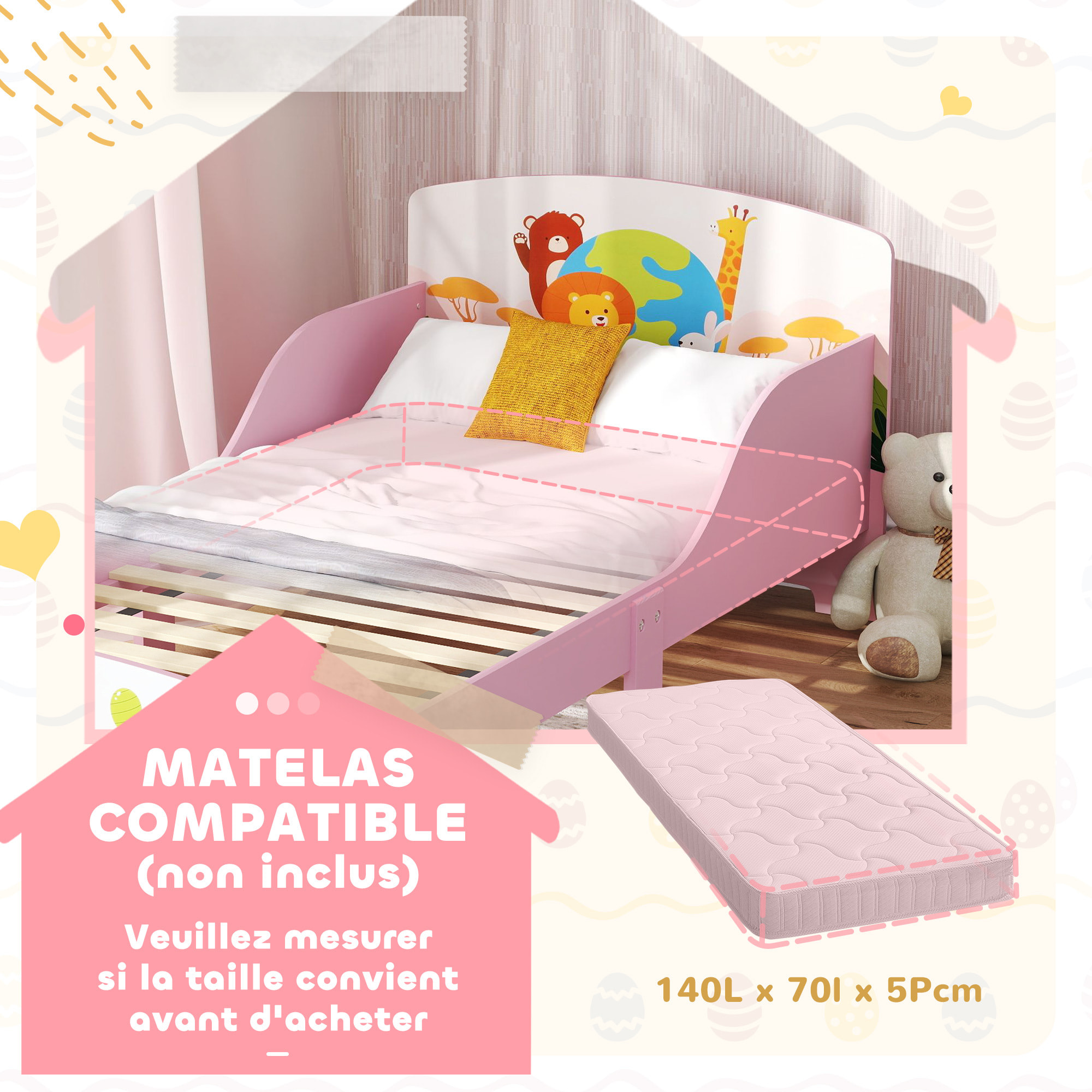 Lit enfant - lit d'enfant design animaux - sommier à lattes inclus - MDF contre-plaqué rose