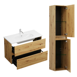 Pack meuble de salle de bain simple vasque BURGBAD Joline 100 cm chêne + colonne