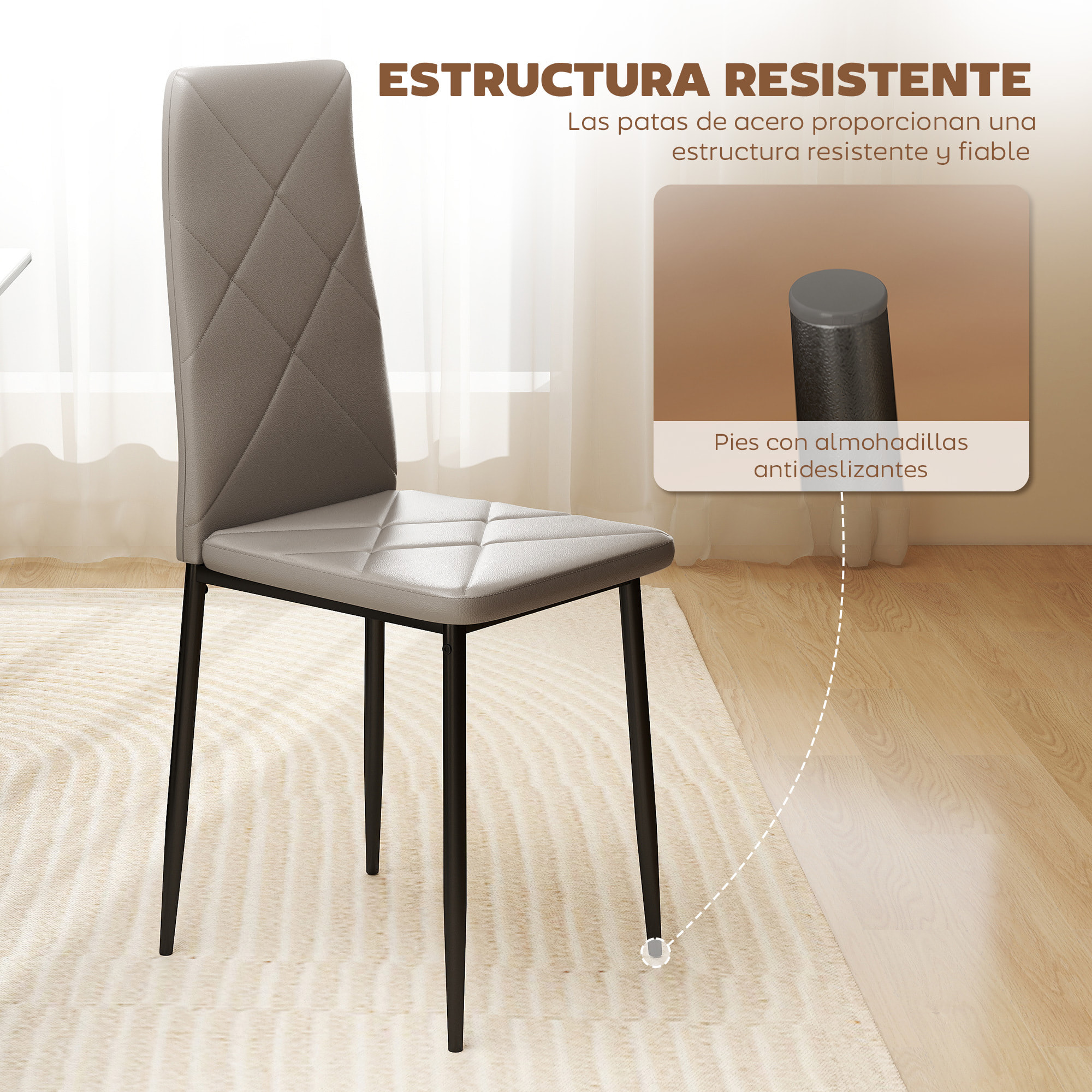 Pack de 4 Sillas de Comedor, Sillas de Cocina Modernas, Tapizadas de Cuero Sintética, Respaldo Alto, Asiento Acolchado, Patas de Acero, Gris