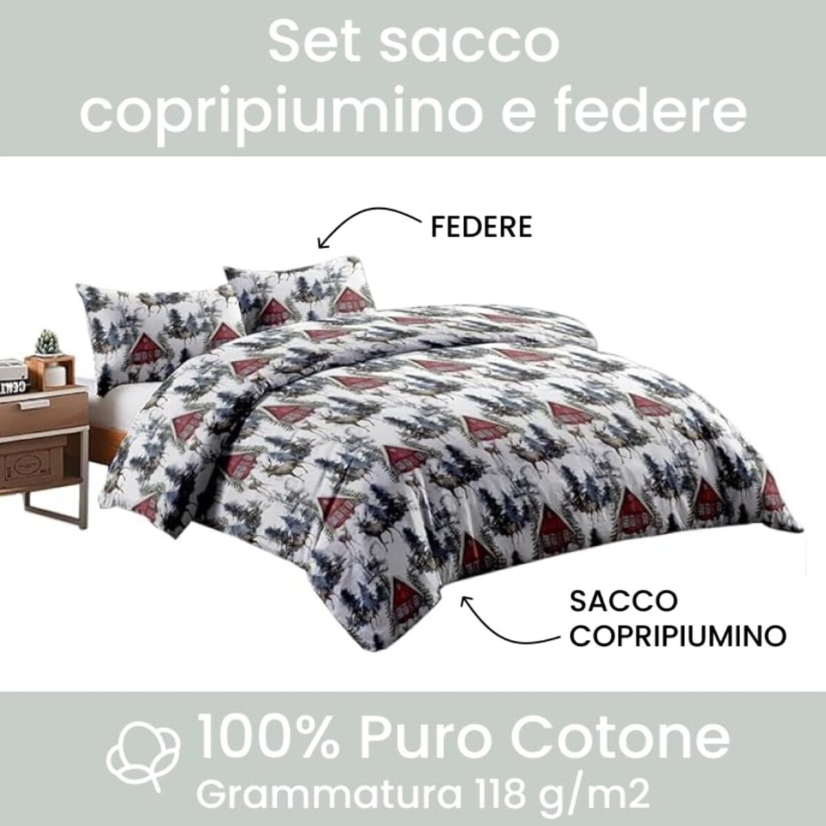 Set copripiumino una piazza e mezza in cotone con sacco e federa, morbido e traspirante, leggero e resistente 118 g/m², ideale per uso quotidiano, certificato OEKO-TEX, facile da lavare, comfort naturale e praticità per la biancheria da letto