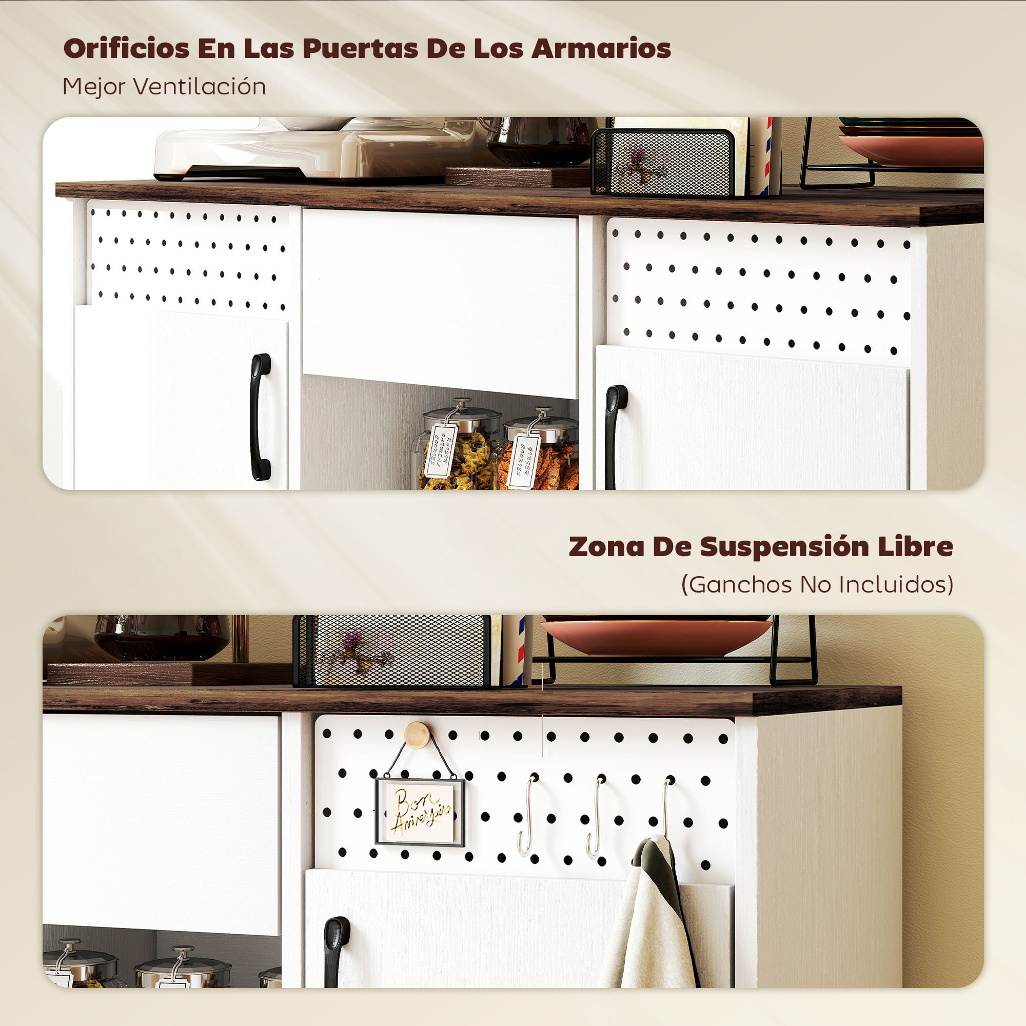 Aparador de 2 Puertas con Orificios, Aparador para Salón con Cajón, Compartimentos Abiertos, Estantes Ajustables, para Cocina, Entrada, Oficina, Blanco, 100x40x80 cm