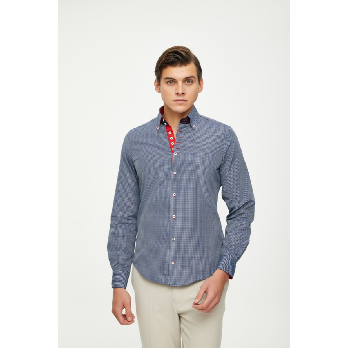 Camicia Uomo 2 Bottoni Button Down 7 Bottoni Slim Cotone Poliestere Riga Stretta Blu\Bianco