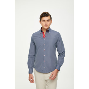 Camicia Uomo 2 Bottoni Button Down 7 Bottoni Slim Cotone Poliestere Riga Stretta Blu\Bianco