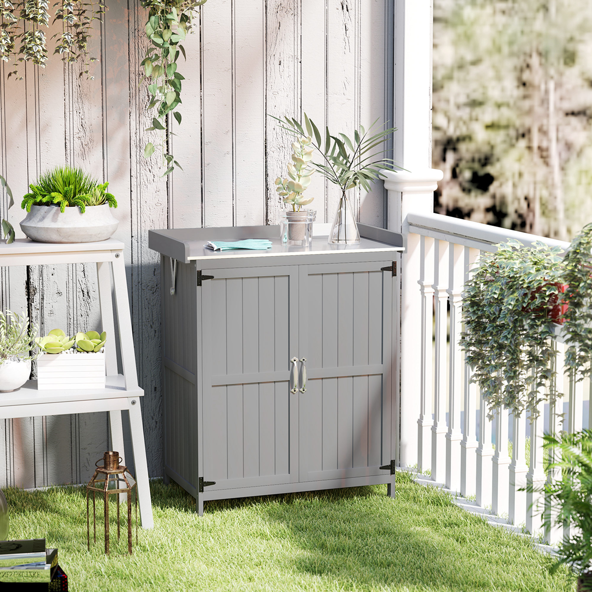 Armoire de jardin sur pied 2 portes étagère toit ouvrant dim. 74 x 43 x 88 cm acier inox bois sapin gris