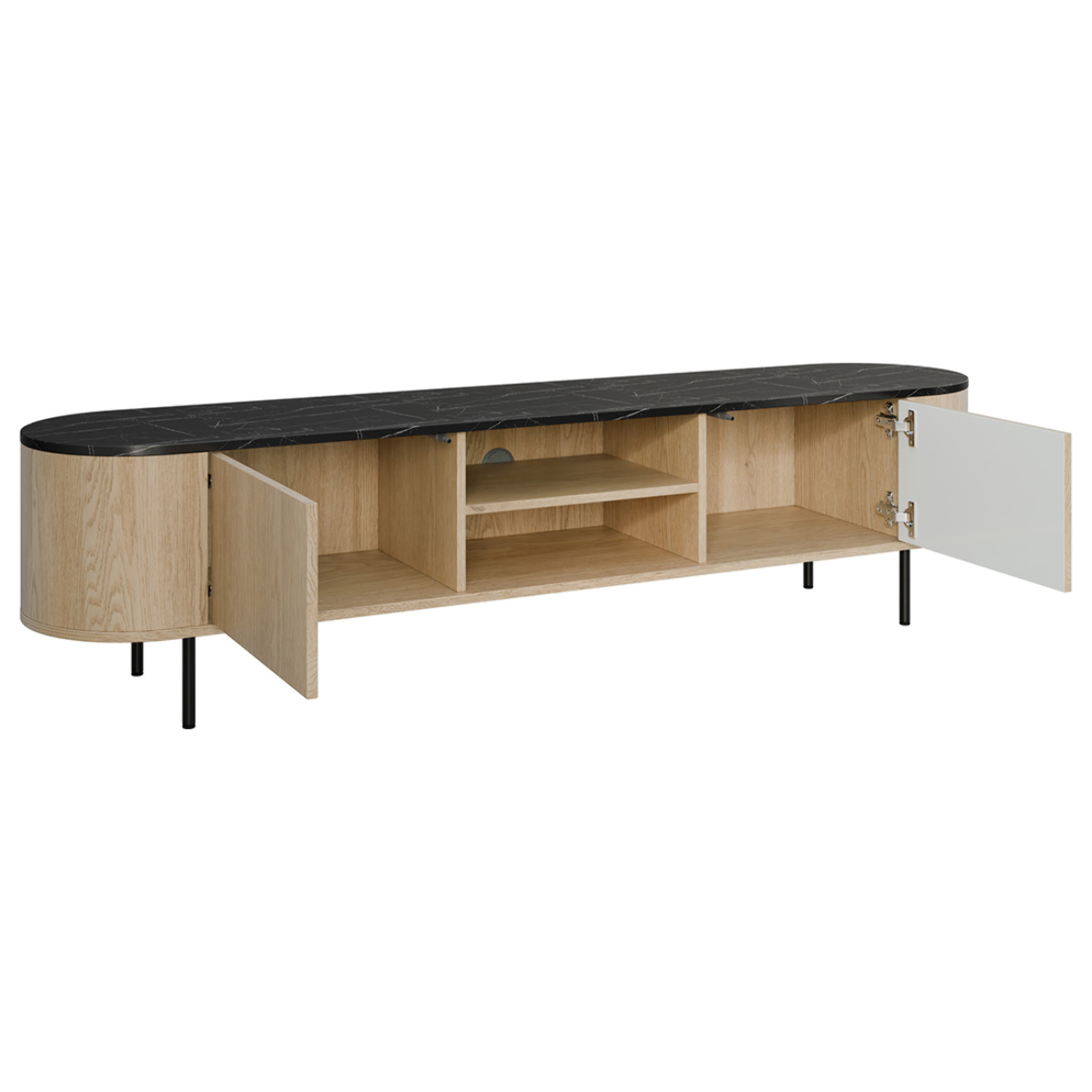 Sansa - meuble tv 184 cm - 2 portes et 2 niches - plateau effet marbre - Bois / Noir