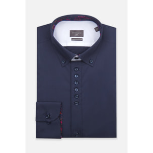 Camicia Uomo 1 Bottoni Button Down Slim Popeline Stretch Unito Blu