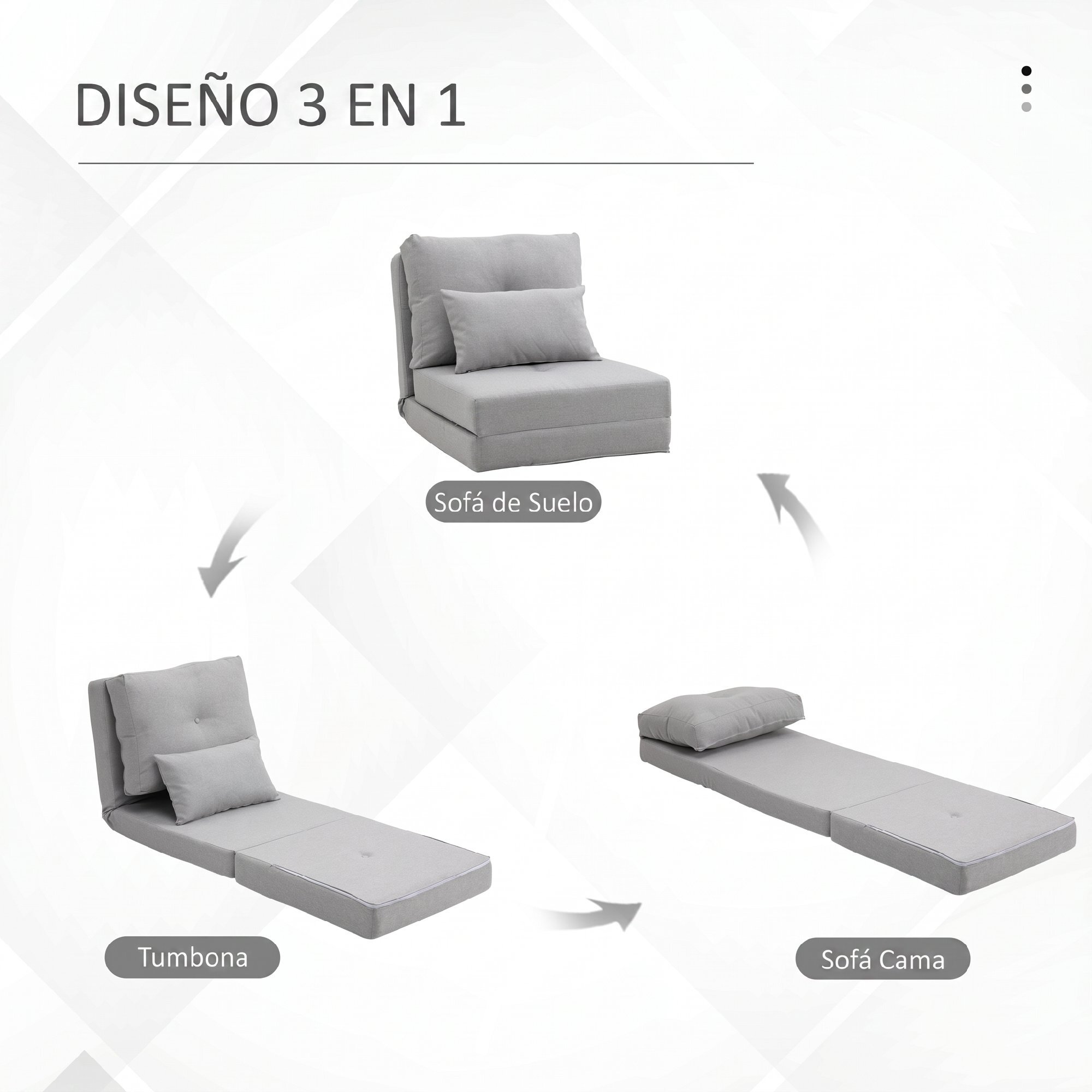 HOMCOM Sofá Cama Individual Plegable 3 en 1, Sofá Cama, Tapizado en Lino, con Respaldo Ajustable 5 Posiciones, Almohadas, Marco Metálico, para Dormitorio, Salón, Gris Claro