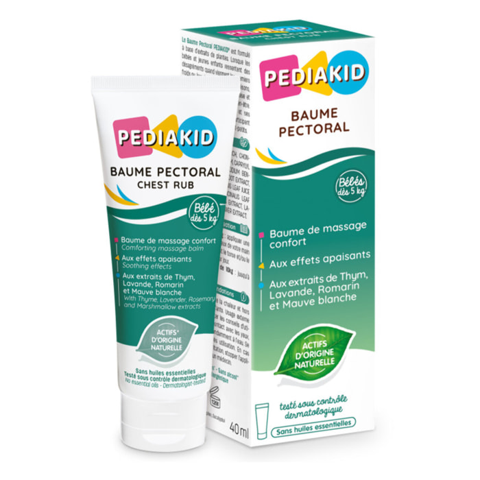 PEDIAKID - Baume Pectoral - Baume de massage confort bébés et jeunes enfants - Aux extraits de Thym, Lavande, Romarin et Mauve Blanche - Sans huiles essentielles - Convient aux bébés dès 5kg