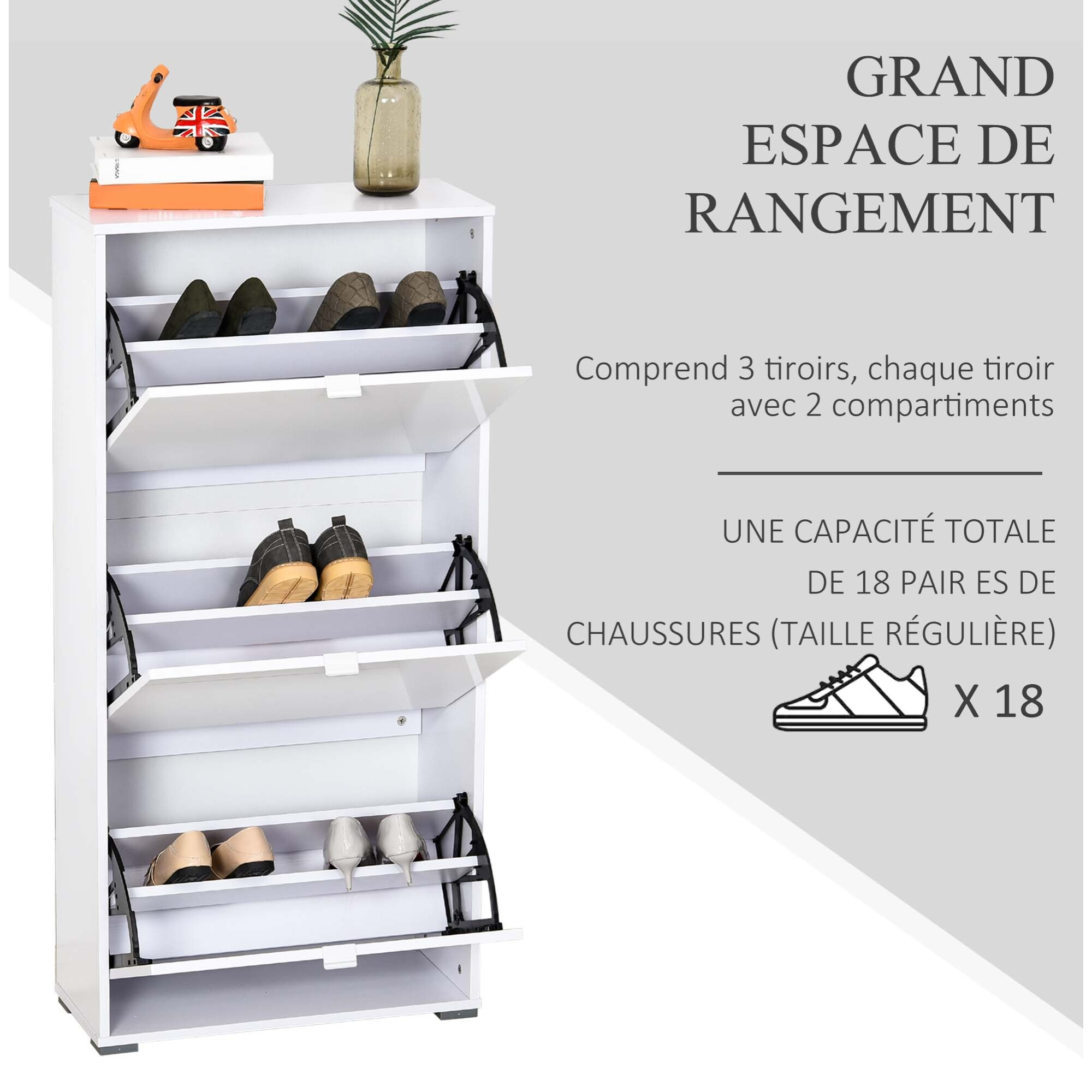 Meuble à chaussures 3 portes abattantes 3 compartiments MDF blanc laqué