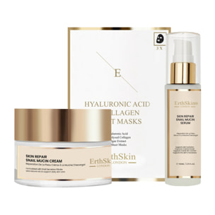 Set de crema reparadora de caracol, sérum de caracol y mascarilla de colágeno.