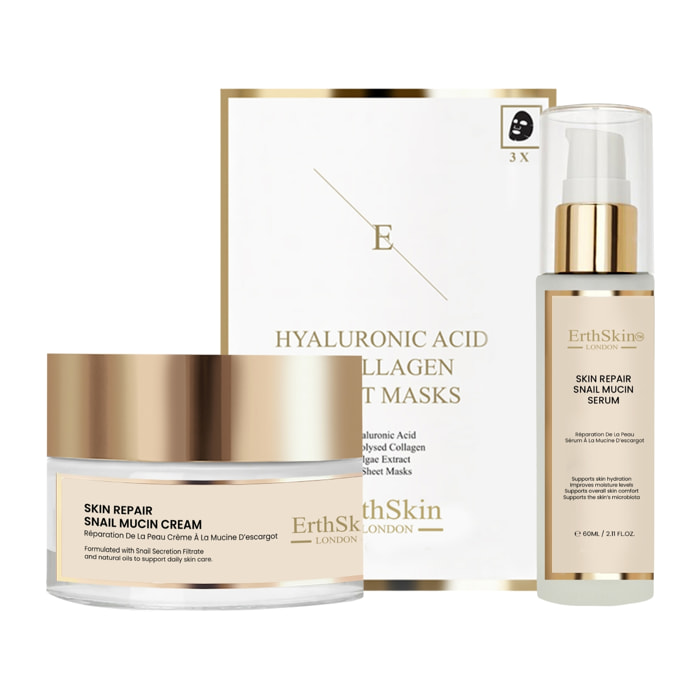 Set de crema reparadora de caracol, sérum de caracol y mascarilla de colágeno.