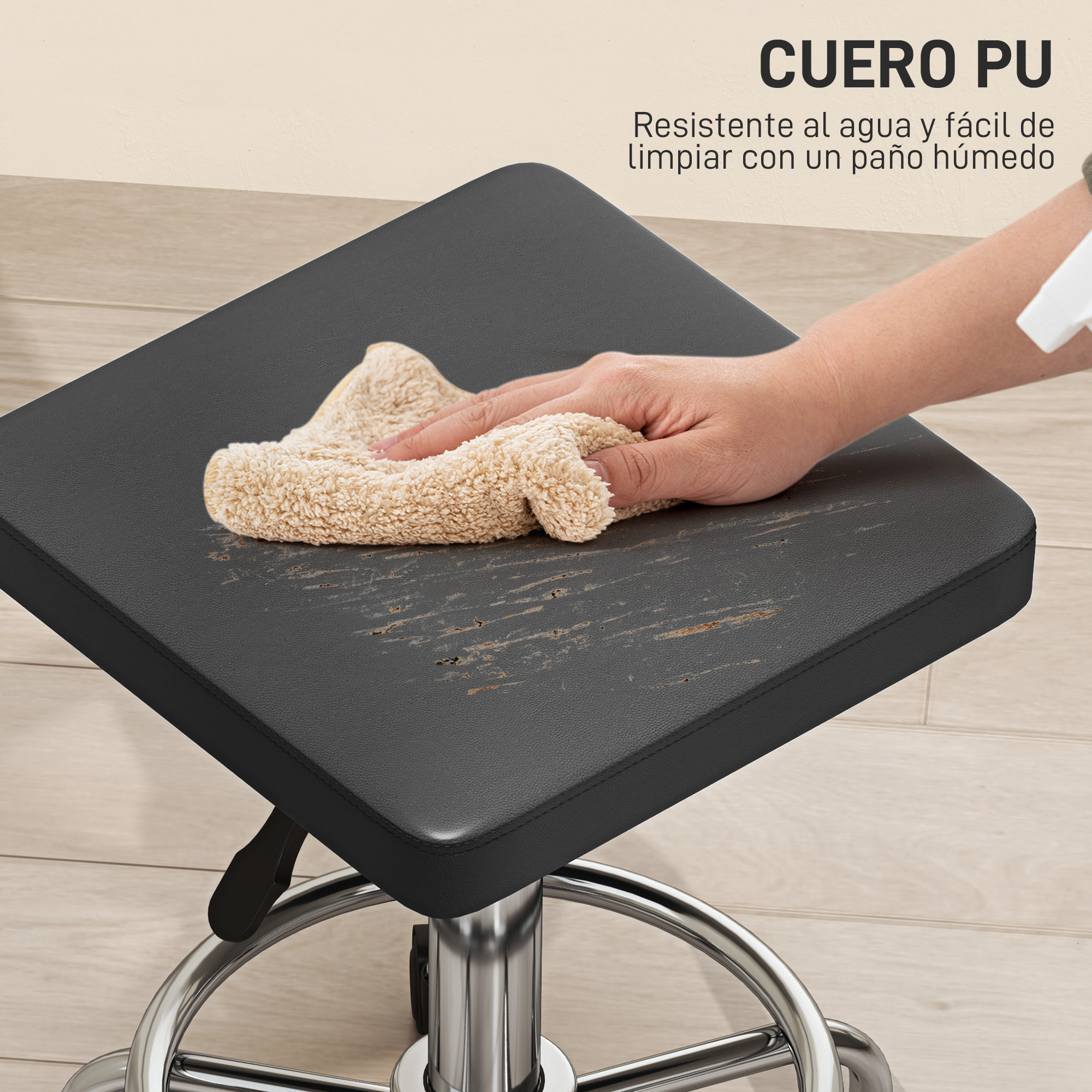 Taburete Giratorio Taburete con Ruedas Altura Regulable 50-66 cm Asiento Tapizado de Cuero Sintético Reposapiés para Salones y Talleres Negro