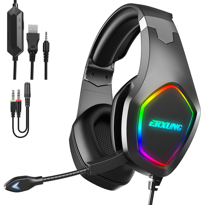 Headset J20 Ultra-Flexible Premium .7 luces FULL RGB. Auriculares gaming con micro, conexión minijack para PC, portátil, PS4, Xbox One, móvil, tablet.