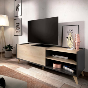 Mobile porta TV Asinara, Credenza bassa da soggiorno, Madia da salotto per televisione, 155x43h47 cm, Rovere e Antracite