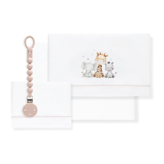 Juego de Sábanas para Cuna mod. Estampado Jirafa Elefante con Broche Muselina