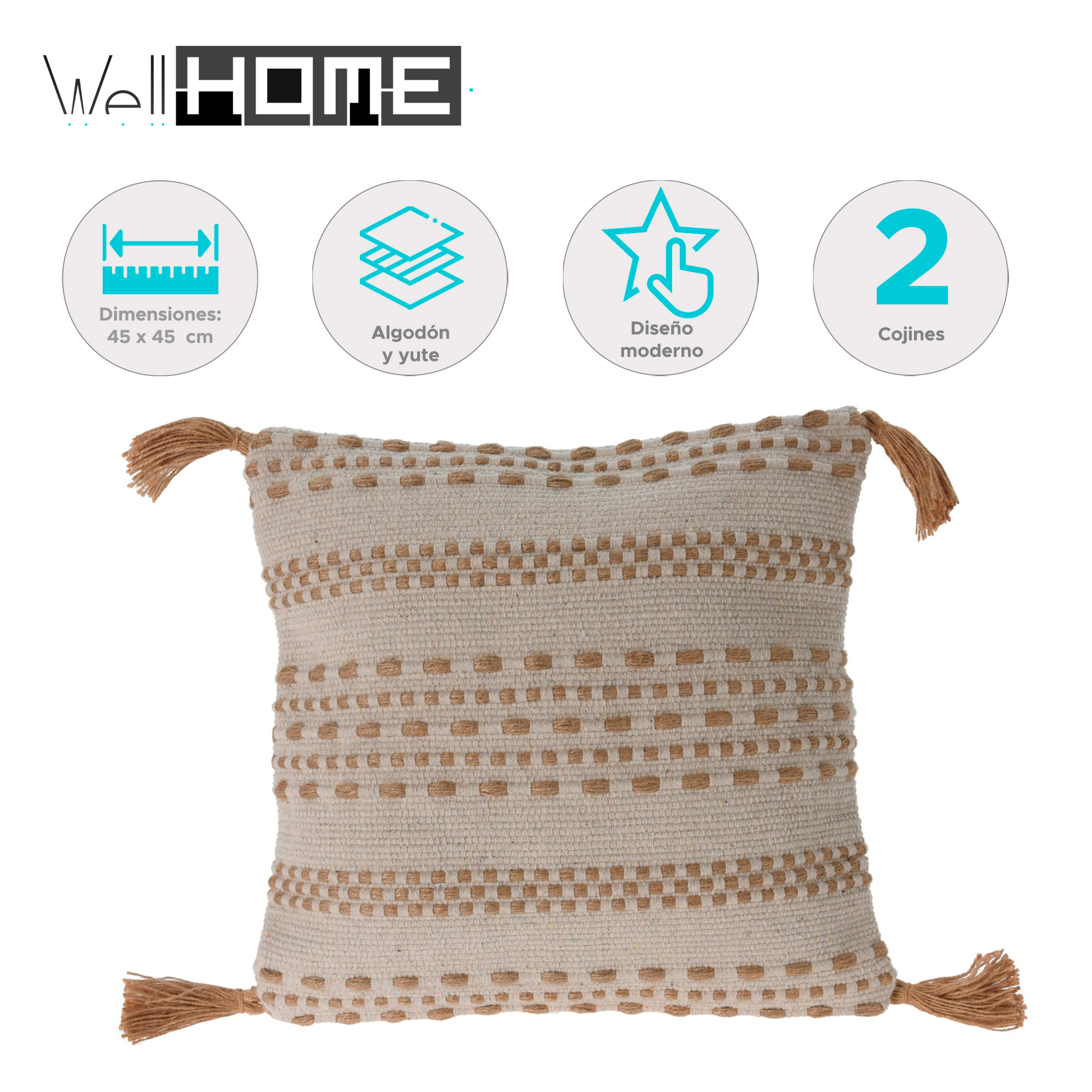 Cojín de Yute y Algodón Natural con Relleno Tessel de 400gr - Tamaño 45x45cm