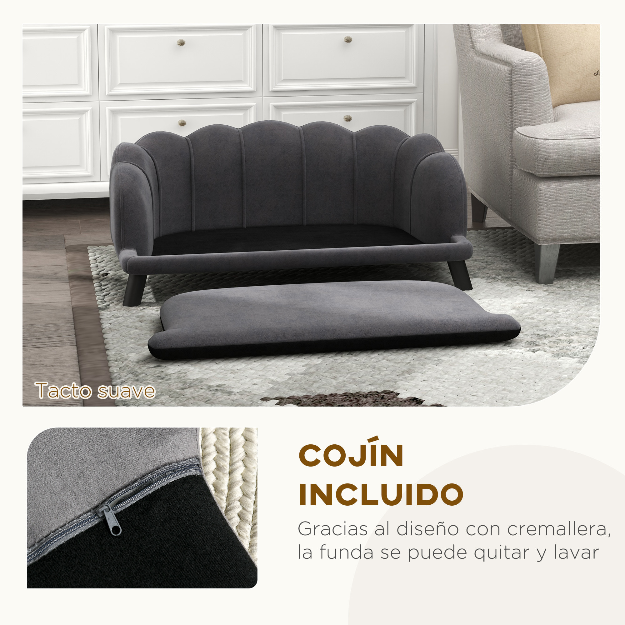 Sofá para Perros Medianos Sofá Cama para Mascotas Gatos Tapizado en Terciopelo con Patas de Madera Carga 25 kg 98,5x60,5x35,5 cm Gris Oscuro