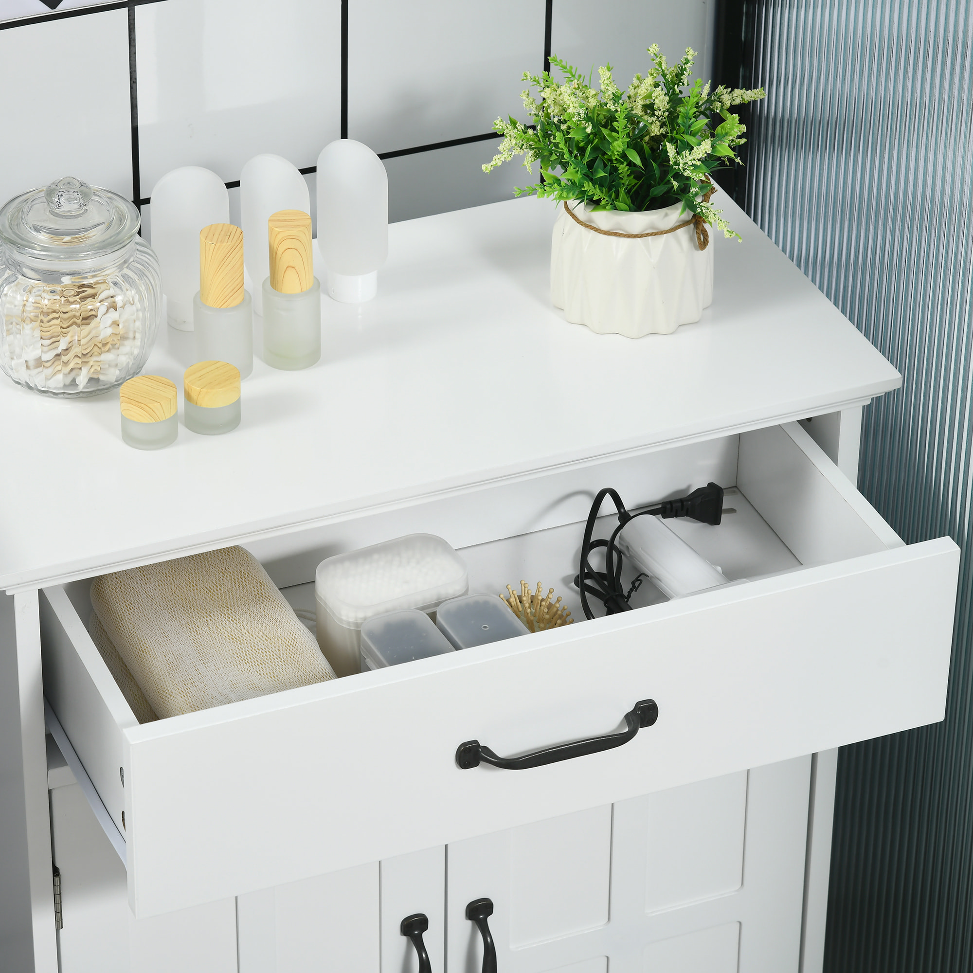 Meuble salle de bain - meuble bas 2 portes étagère tiroir - 60x30x75cm - blanc noir
