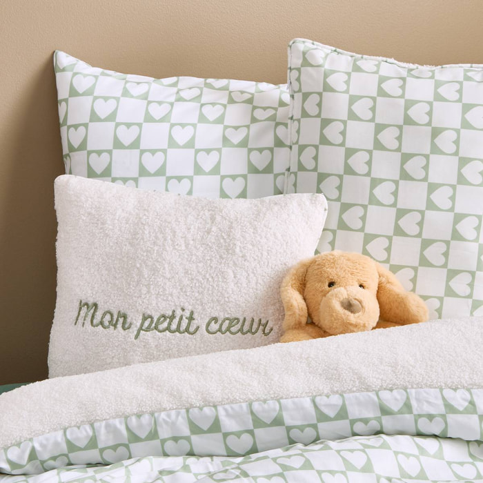 Coussin reversible bouclette/motif coeurs Jaiko 40x40cm blanc et vert