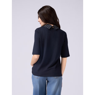 Oltre - T-shirt maniche corte con colletto gioiello - Blu