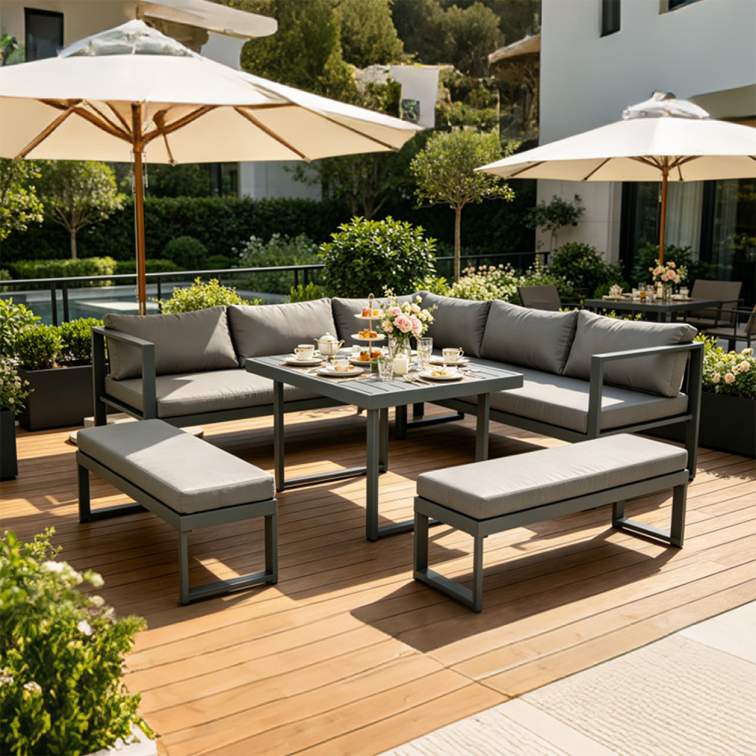 Salon de jardin gris foncé 7-9 places canapé + 2 bancs SATIPO