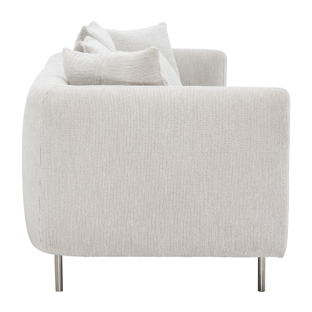 Canapé design 3-4 places en tissu effet velours chenillé beige clair et métal chromé IGLESIAS