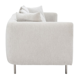 Canapé design 3-4 places en tissu effet velours chenillé beige clair et métal chromé IGLESIAS