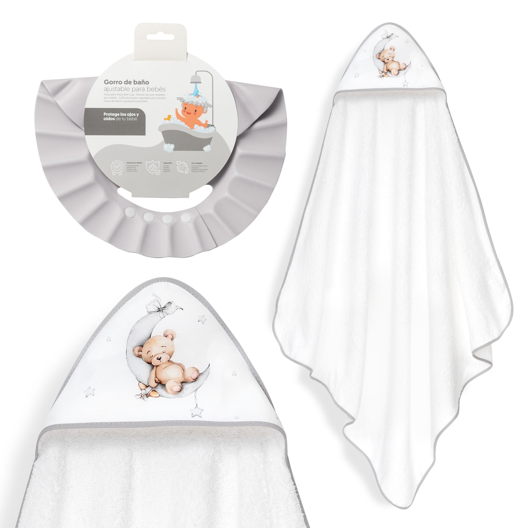 Capa Baño 1X1 Mod Estampado Oso Luna Estrellas+Gorro Bco/Gris