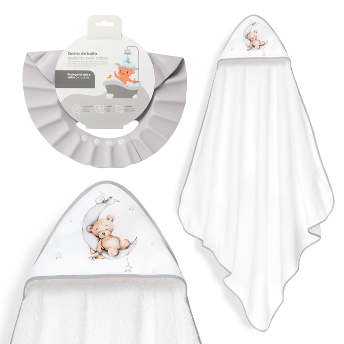 Capa Baño 1X1 Mod Estampado Oso Luna Estrellas+Gorro Bco/Gris