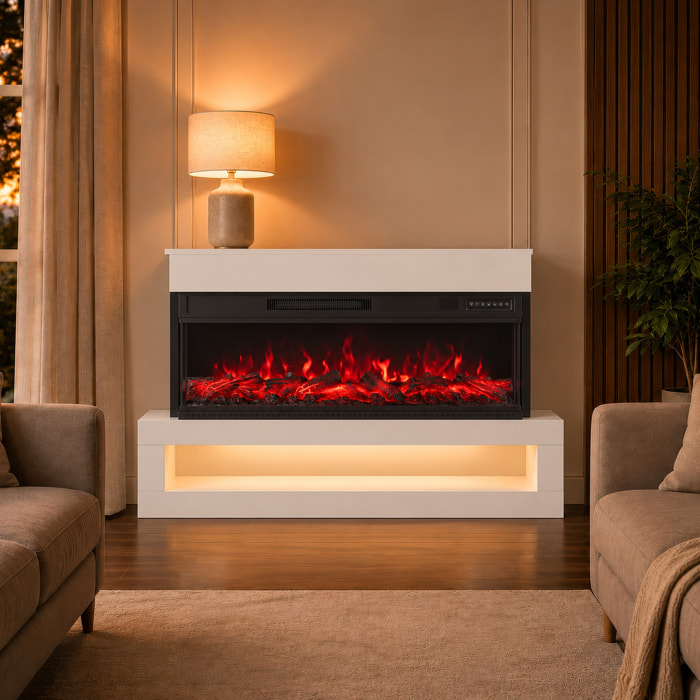 Chimenea Eléctrica de Pie o Pared, 900/1800W, con Tira LED, 3 Caras, Mueble para TV 55", Chimenea Decorativa, 12 Colores de Llama 3D, 5 Brillos, Termostato, Temporizador, Control Remoto, Blanco