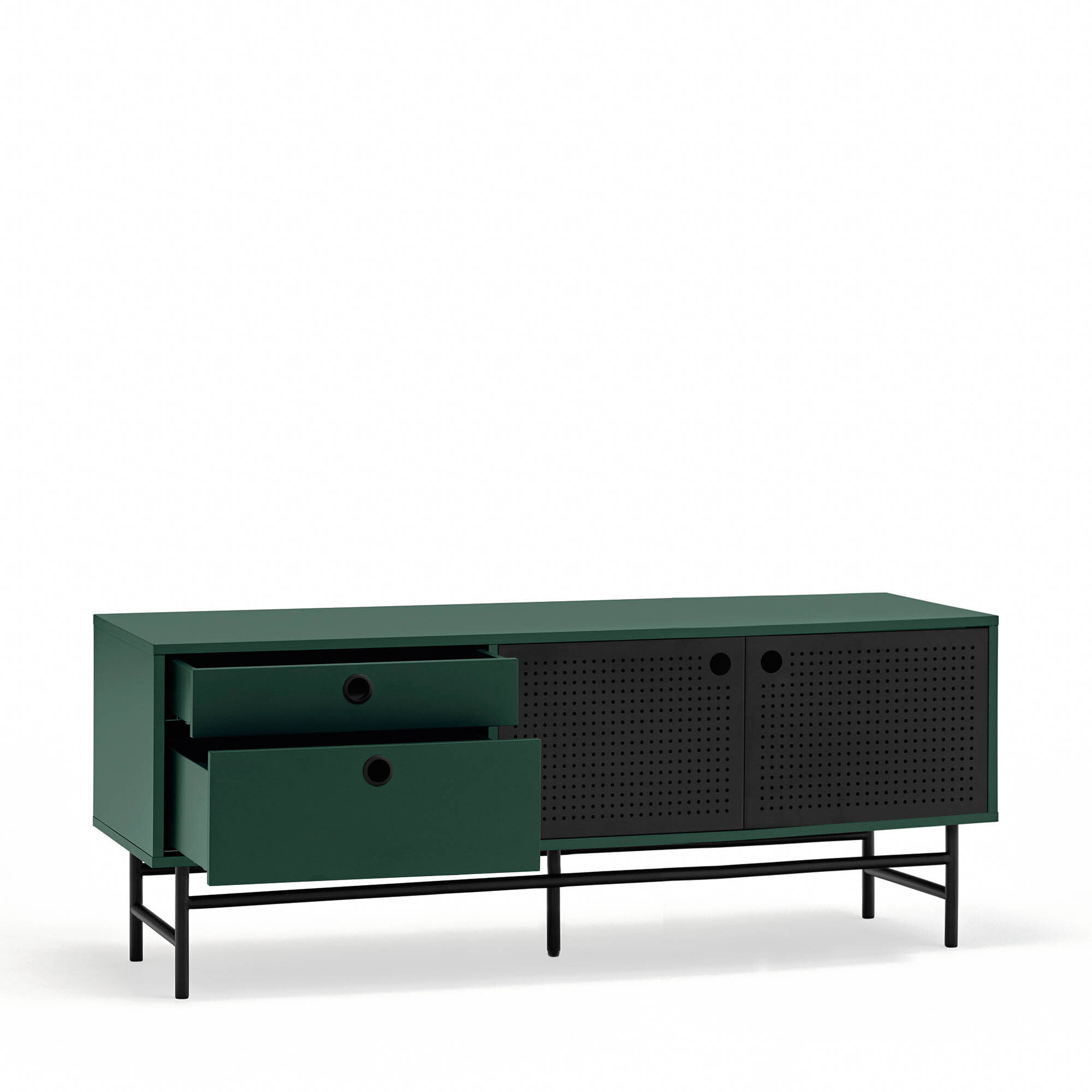 Mueble de televisión Punto 2 puertas y 2 cajones verde oscuro y negro